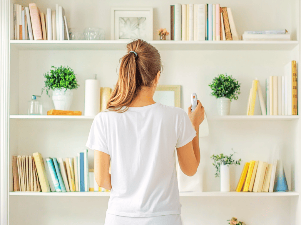 Girl cleaning and decluttering bookshelves