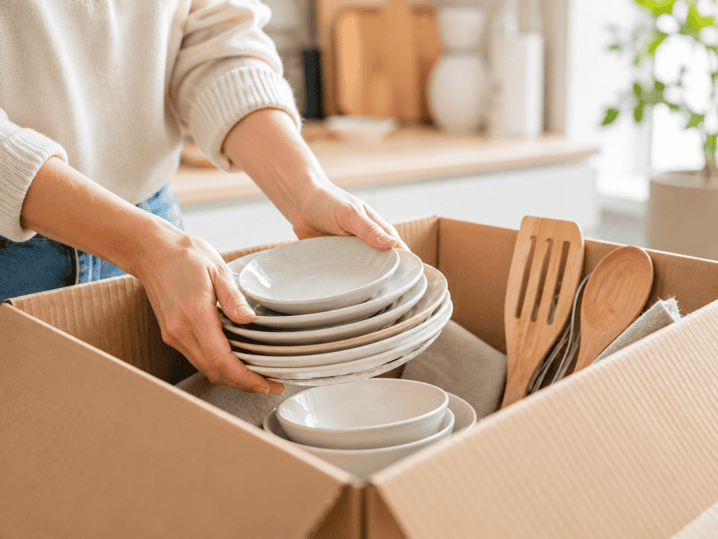 Hands putting a stack of dishes in a box.