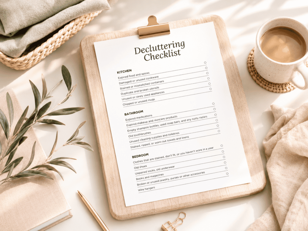 A black and white decluttering checklist on a clipboard on a table with a cup of coffee.