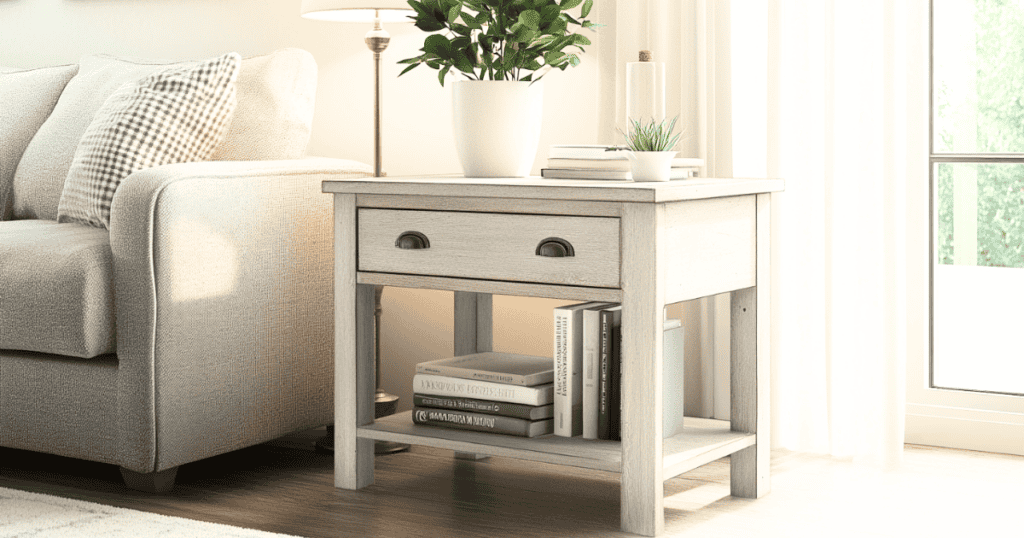 A white end table with one drawer and a shelf below it