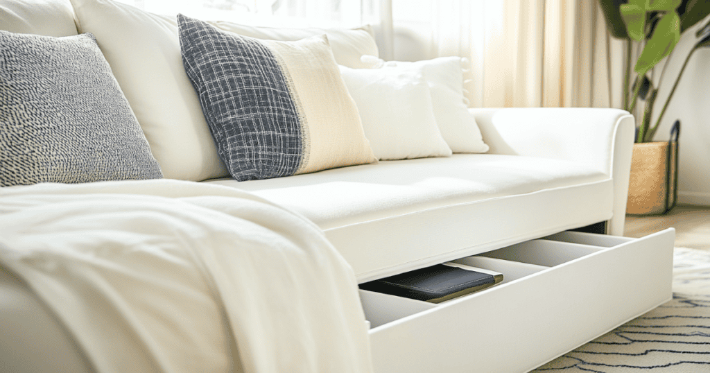 White sofa with a pull out drawer underneath it