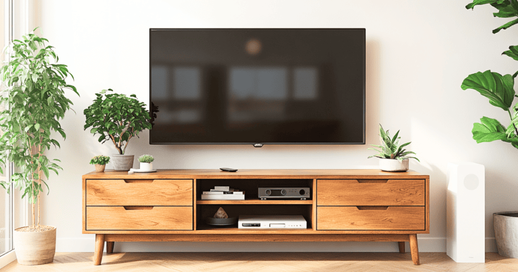 A tv stand with drawers and open shelves and a tv on top of it