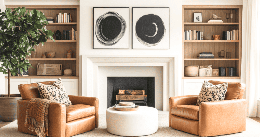 Two chairs in a living room with bookshelves to the ceiling and a fireplace inbetween