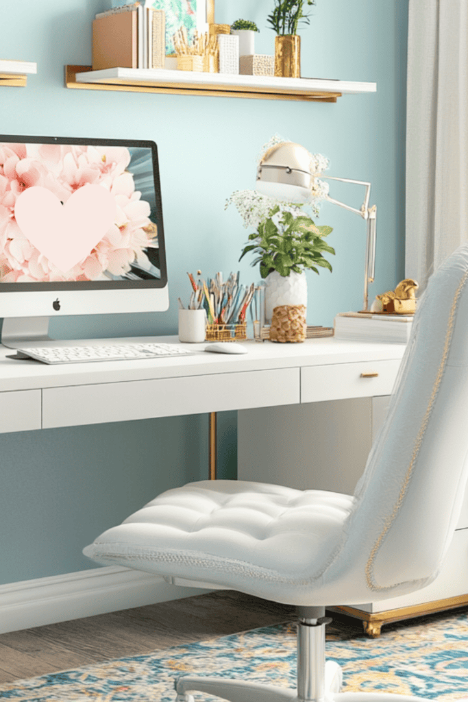 White home office desk and chair with a computer and desk accesories.