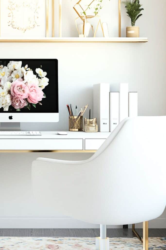 A white and feminine looking home office.