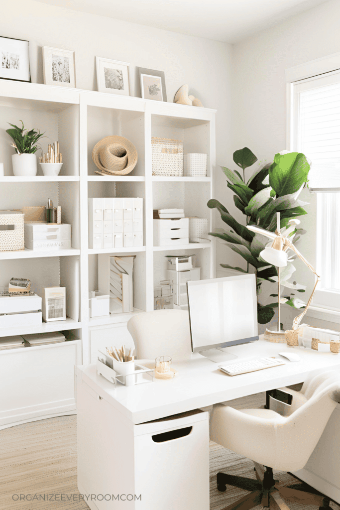 A white desk facing a white bookshelf wall in a small home office.