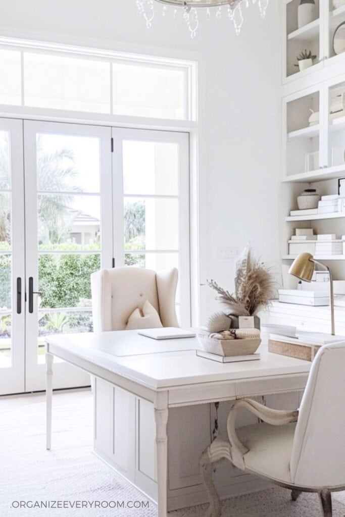 A home office with a square desk and two chairs. A large bookshelf takes up one wall.