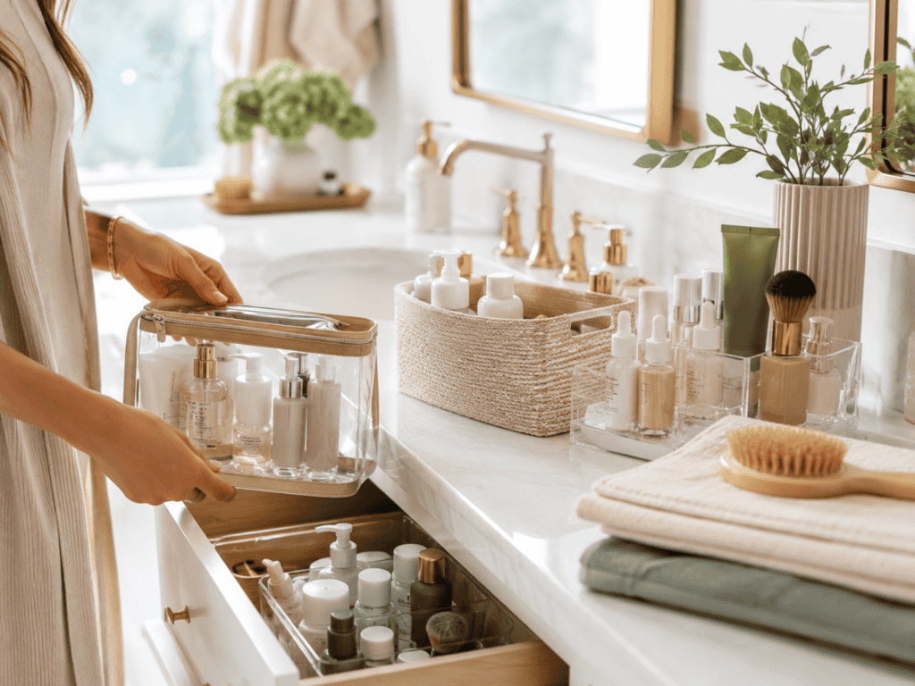 Skincare products sitting on a counter in a bathroom.