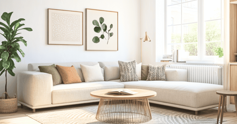 A small neutral colored living room with a sofa and coffee table