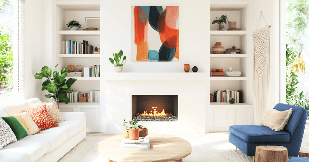 Small white living room with a fireplace and bright pops of color in the artwork and pillows