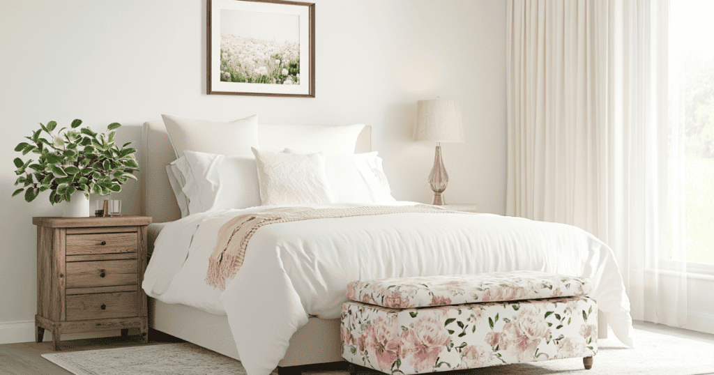 Pink flowered storage bench at the foot of bed