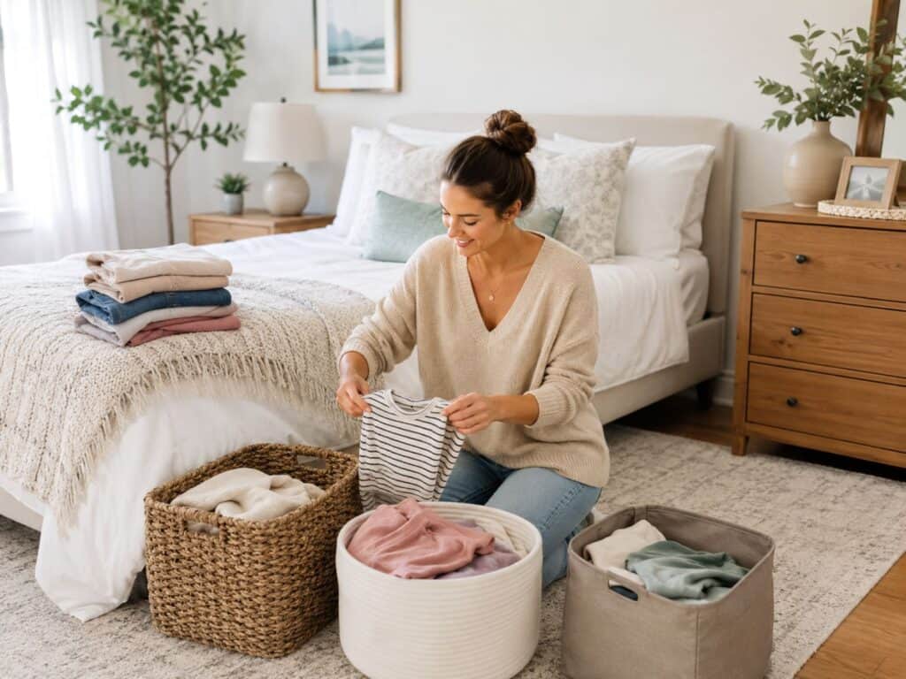 A woman sitting on the floor by her bed sorting clothes into three different baskets.