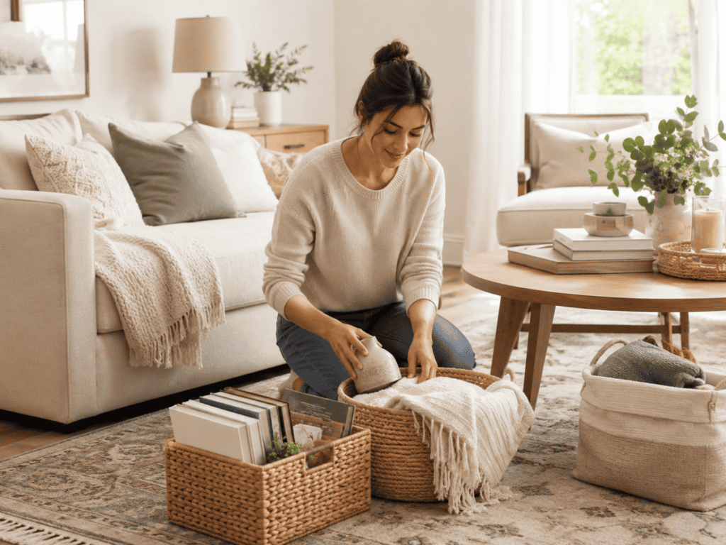 A woman sitting on the floor in her living room with two baskets beside her.