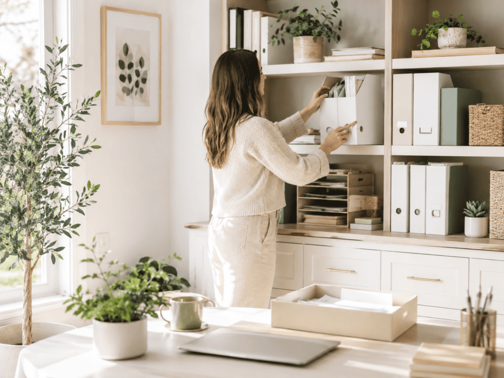 A woman putting files on a shelf in a home office.