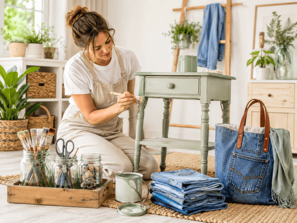 A woman painting a table beside a bag made from recycled jeans.