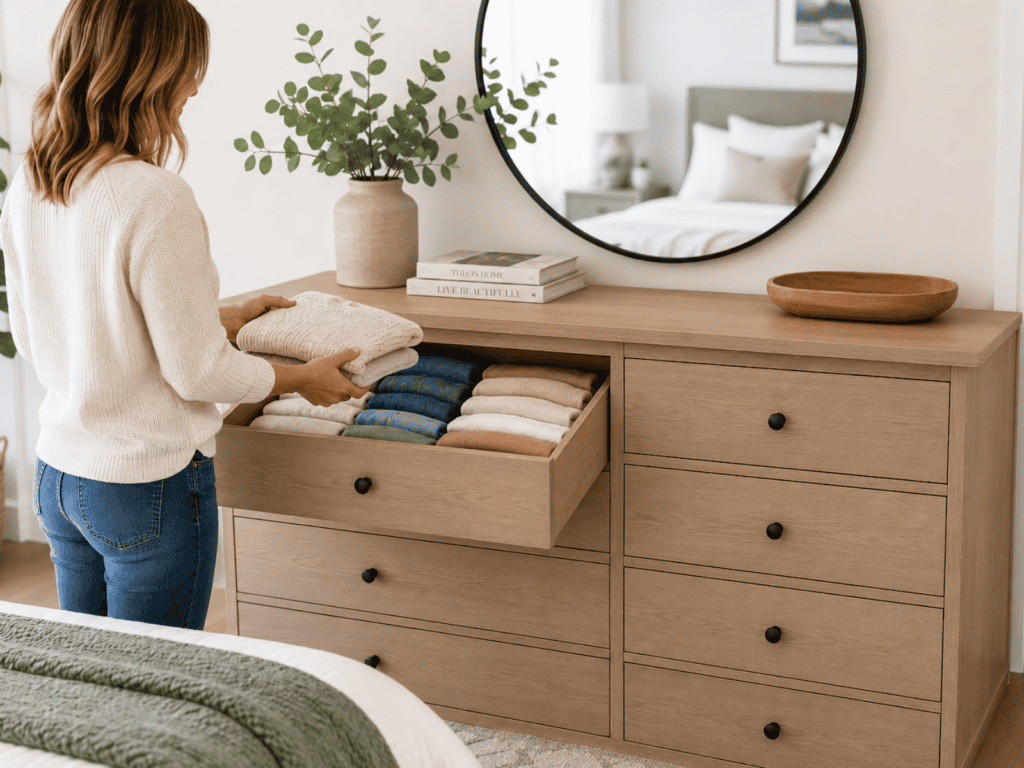 A woman standing in front of a dresser putting clothes in the top drawer.