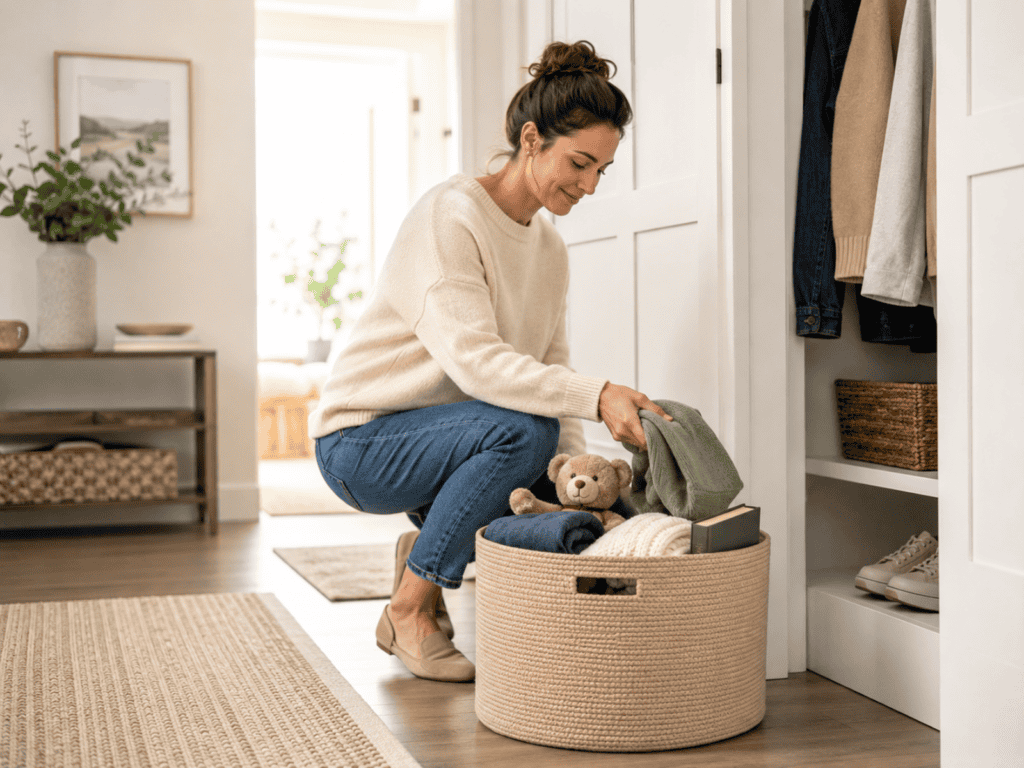 A woman kneeling in front of a closet putting things in a basket.