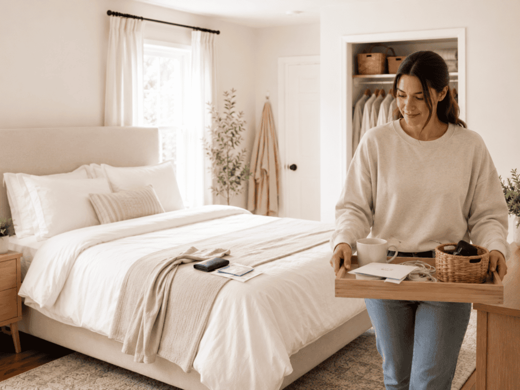 A woman carrying a tray of items out of her  bedroom.