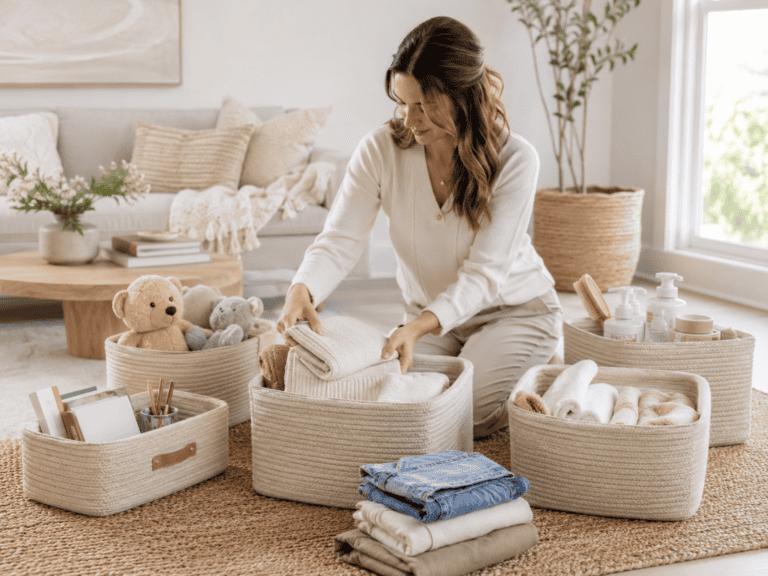 A woman sitting on the floor in her living room with three baskets in front of her.