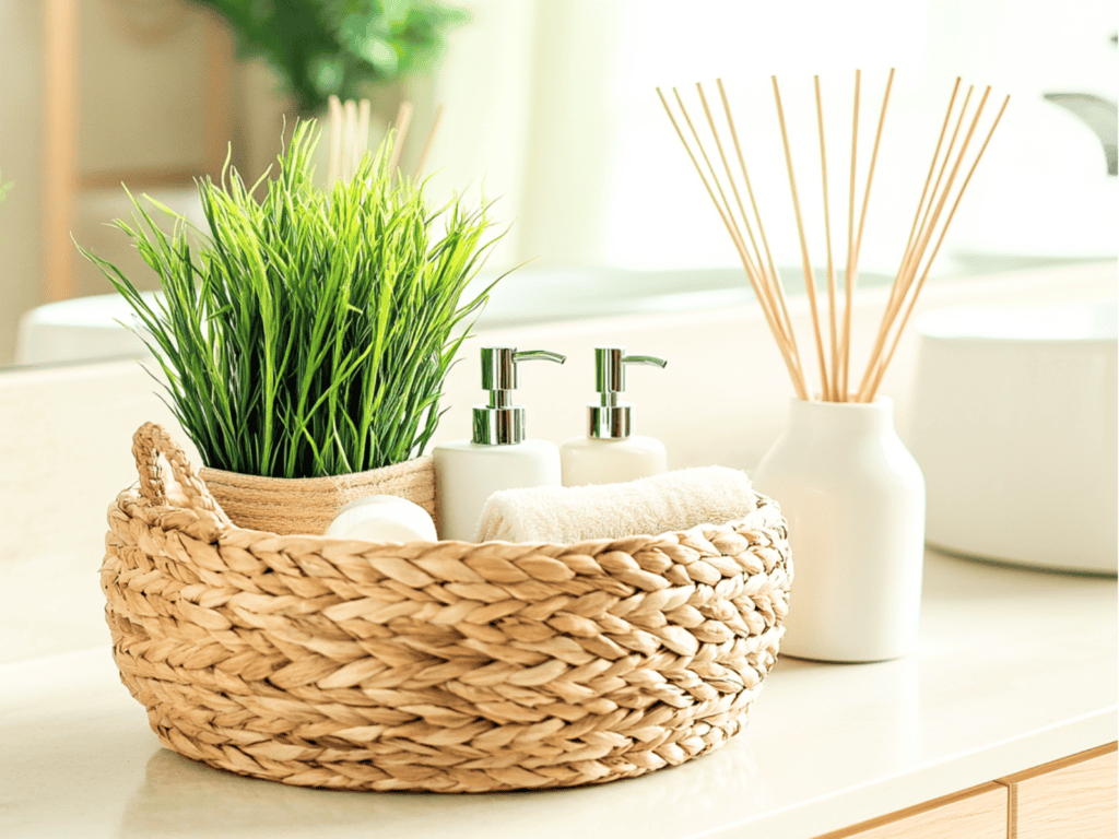 A bathroom counter with a small basket containing toiletries