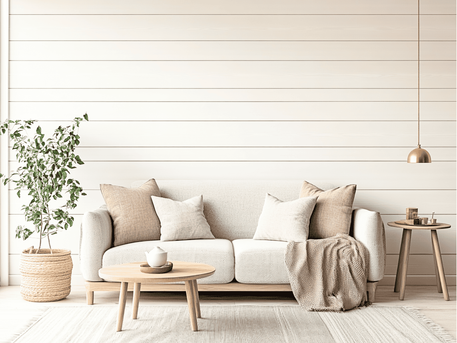 Minimalist living room in white and beige