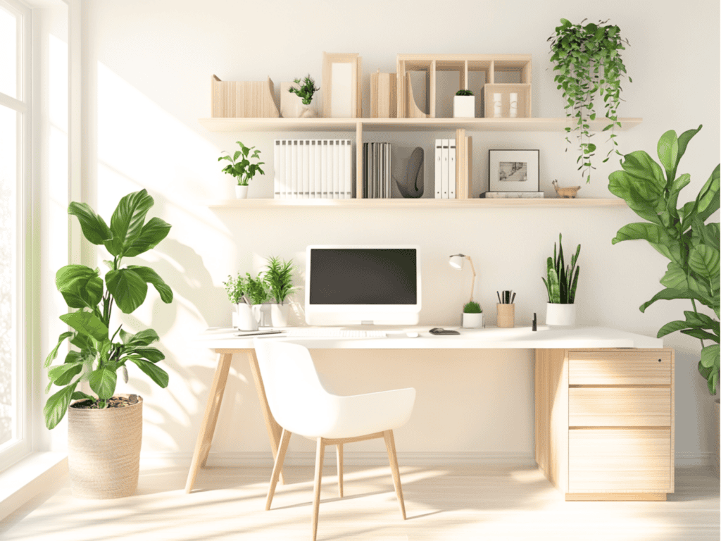 A home office with several shelves, drawers, and baskets for storage