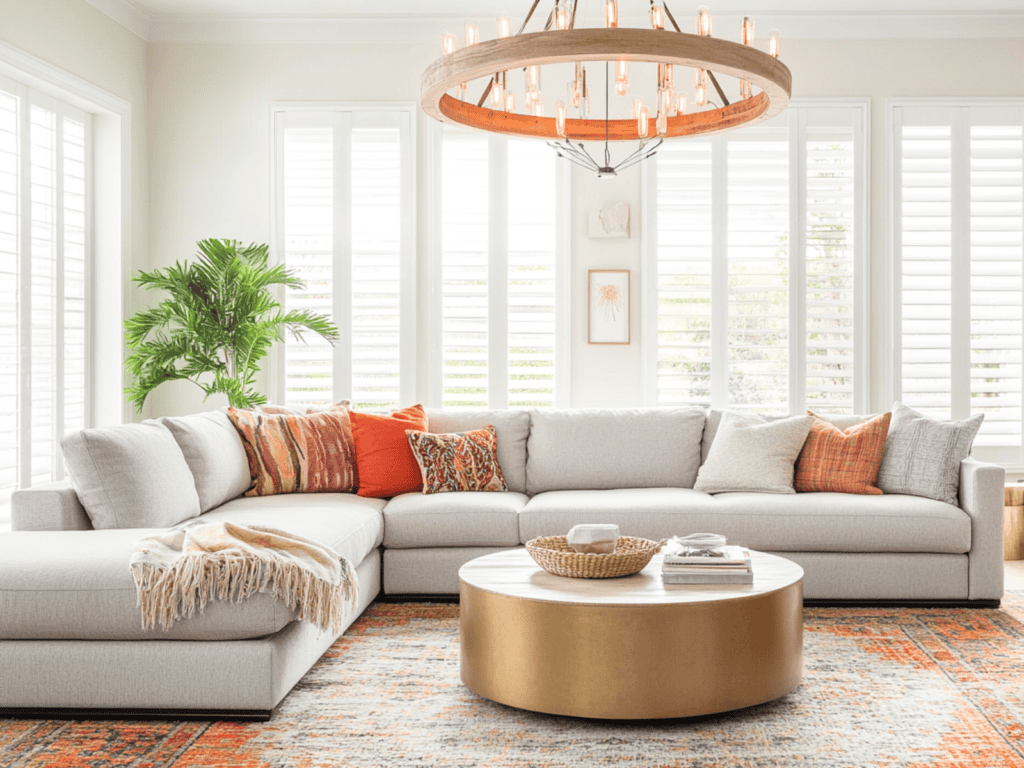 Organized living room with a sectional sofa and a gold ottoman