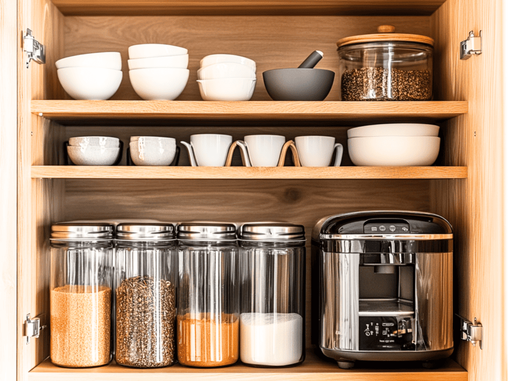 A kitchen cabinet with dishes and canisters in it