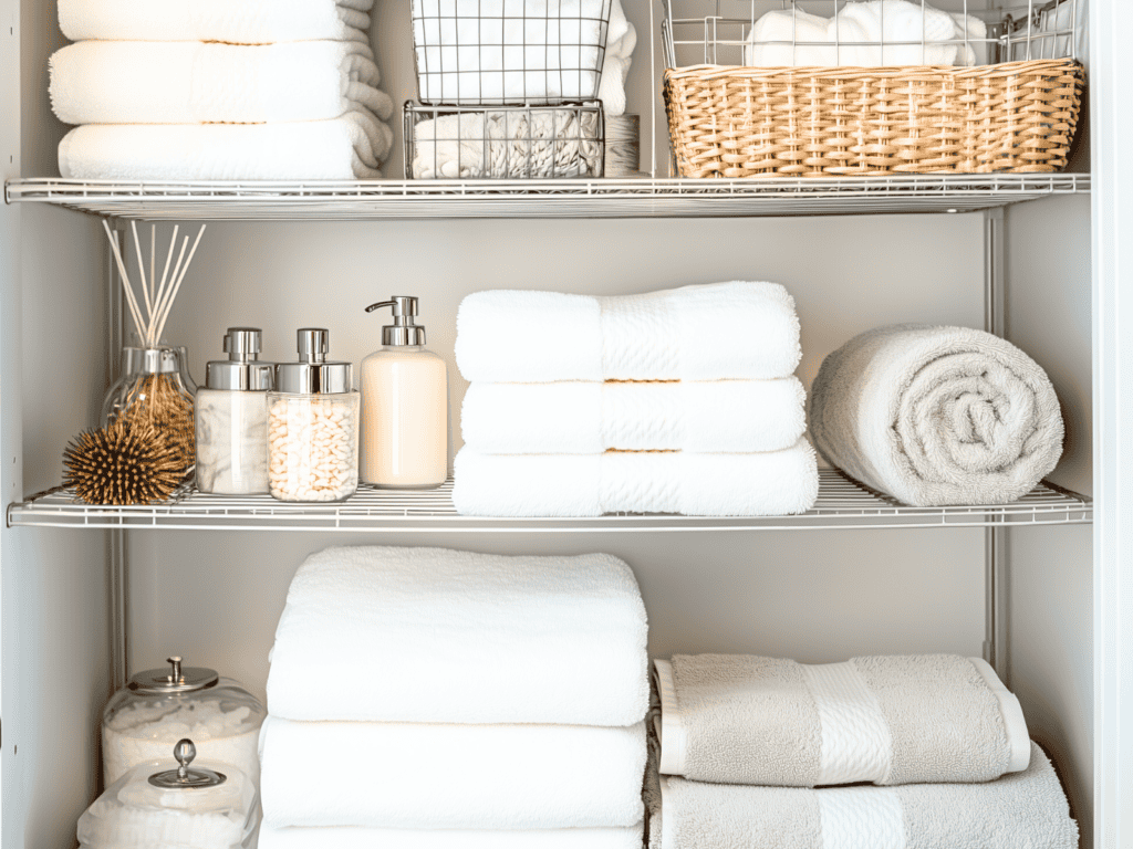 A linen closet with three shelves and it contains towels and storage baskets