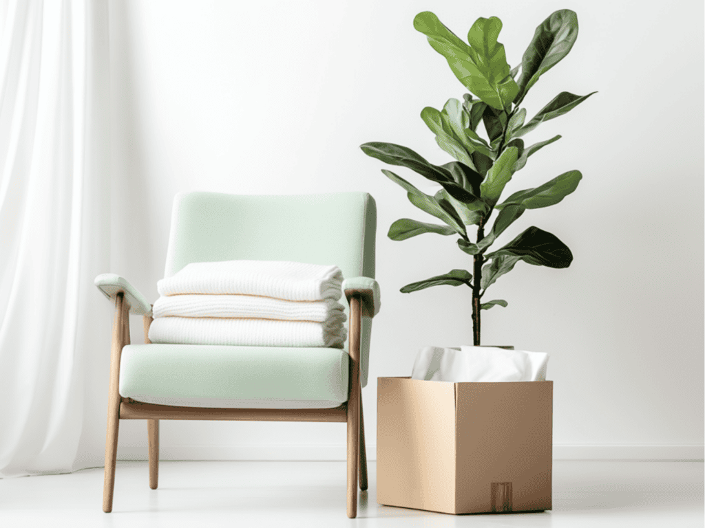 A chair with a cardboard box and a plant beside of it. Blankets are folded on the chair.