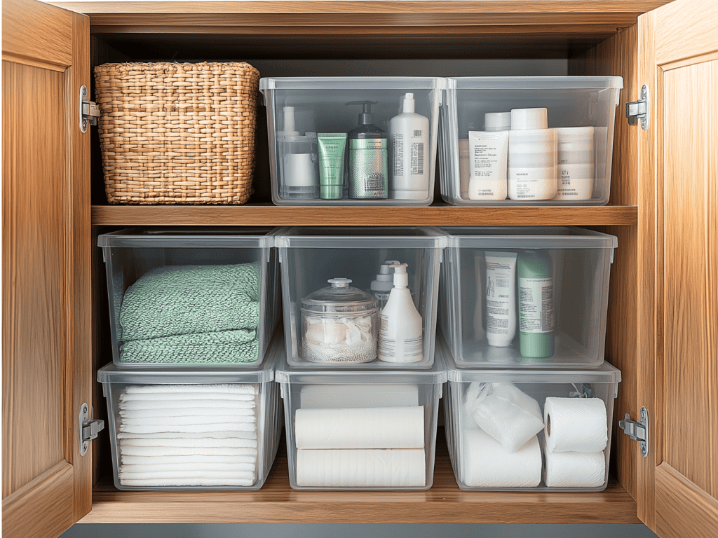 Clear storage bins and baskets under a bathroom sink