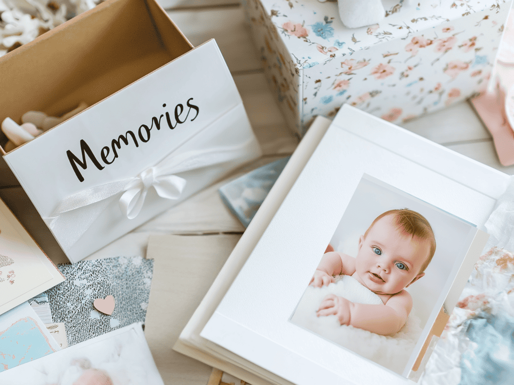 A photo album with a picture of a baby on the front. A memory box and baby blanket are laying nearby.