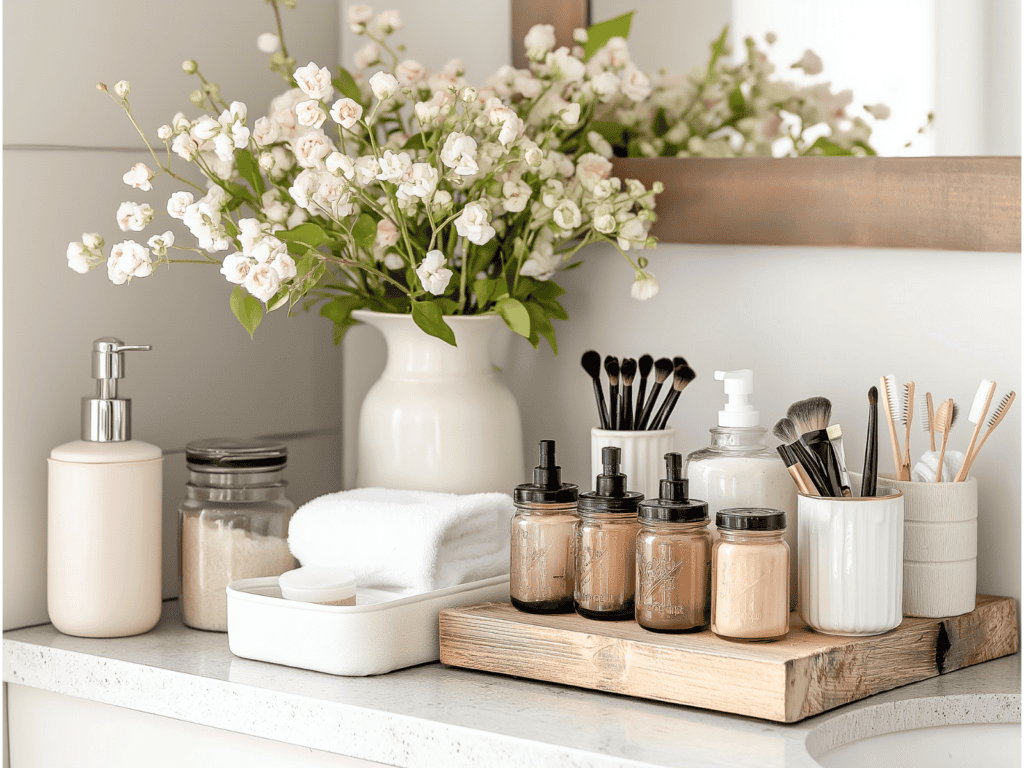 A bathroom vanity with DIY organization. A jar holding cotton balls and decorative cups holding makeup brushes.