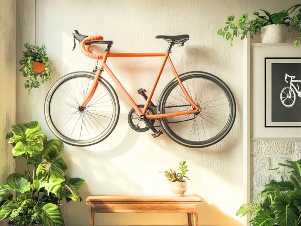 Orange bicycle hanging on a wall