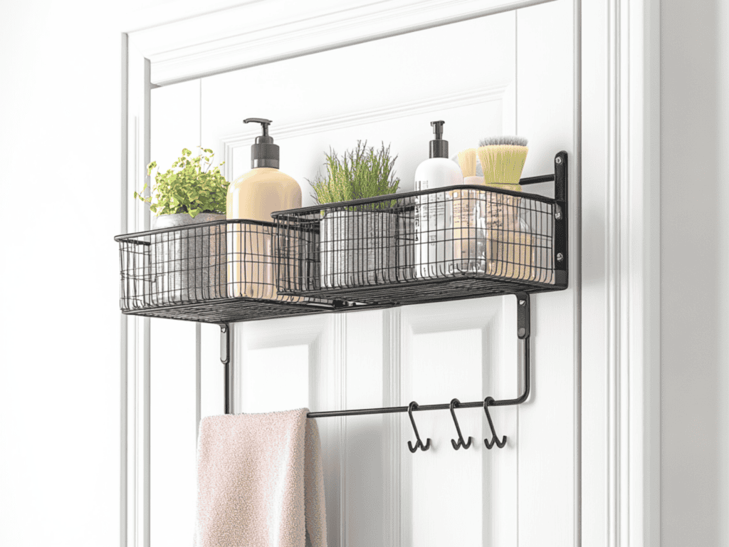 Black wire over the door storage rack with soap and a towel on it