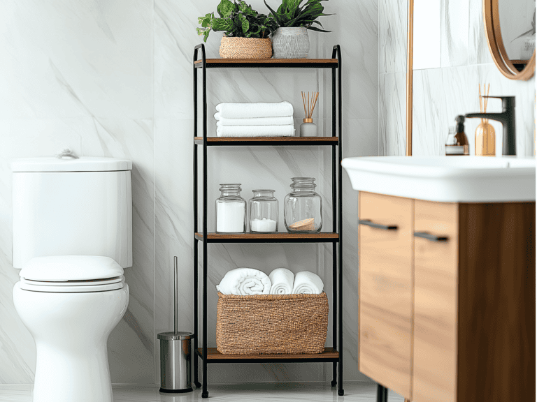 Bathroom shelves with jars, baskets, and towels on them