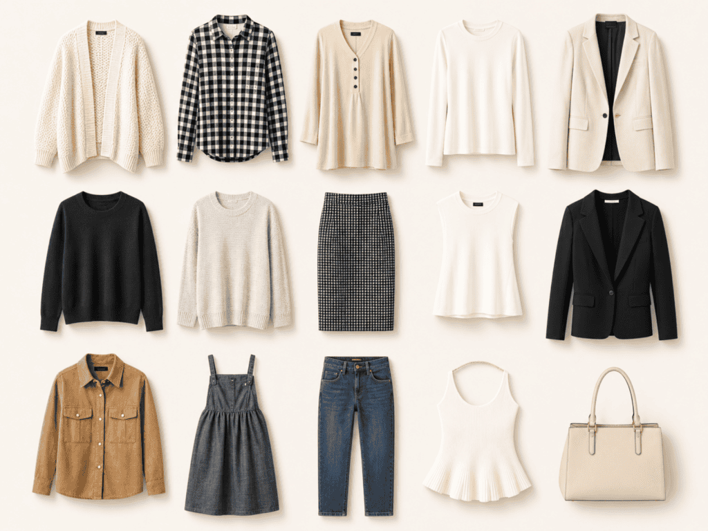 Flat lay of a minimalist capsule wardrobe featuring neutral tops, sweaters, blazers, jeans, skirt, dress, tank top, and handbag arranged in a clean grid on a light background.