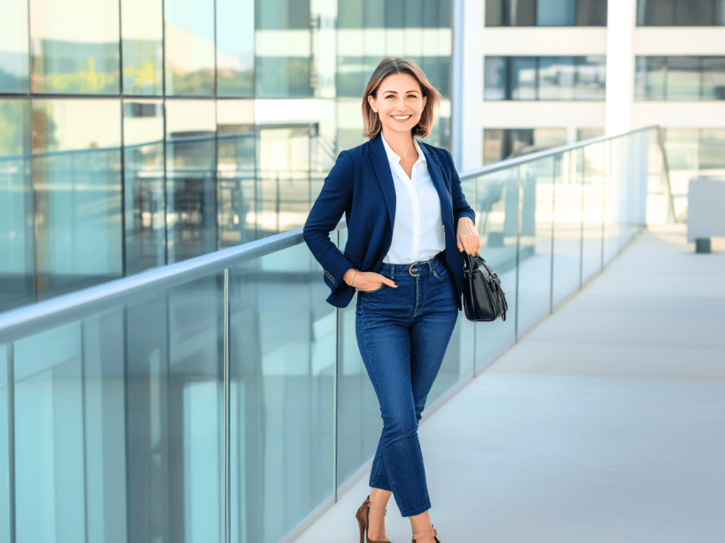 Woman dressed professionally standing on a walkway