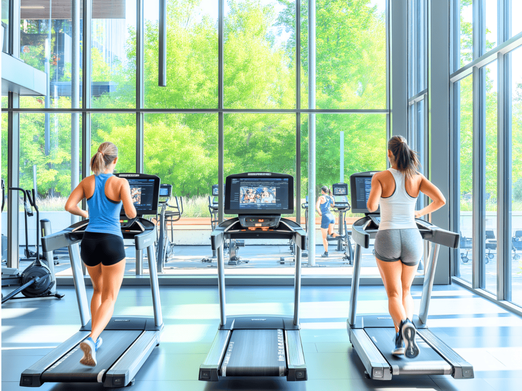 Two women on treadmills in a commercial gym