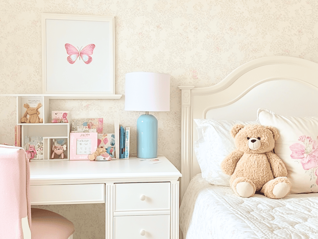 A little girls room with a desk that contains books and pictures. A stuffed bear is on the bed.