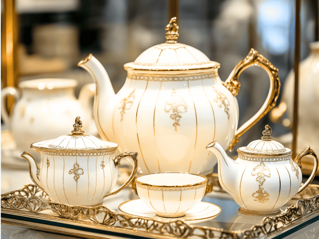 An antique tea set with a pitcher, tea cup, and a sugar and cream dish.