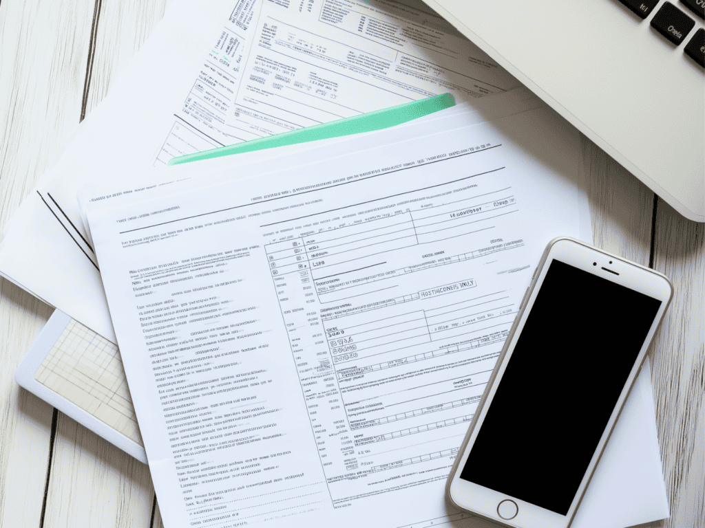 Papers on a desk beside of a smart phone and a computer