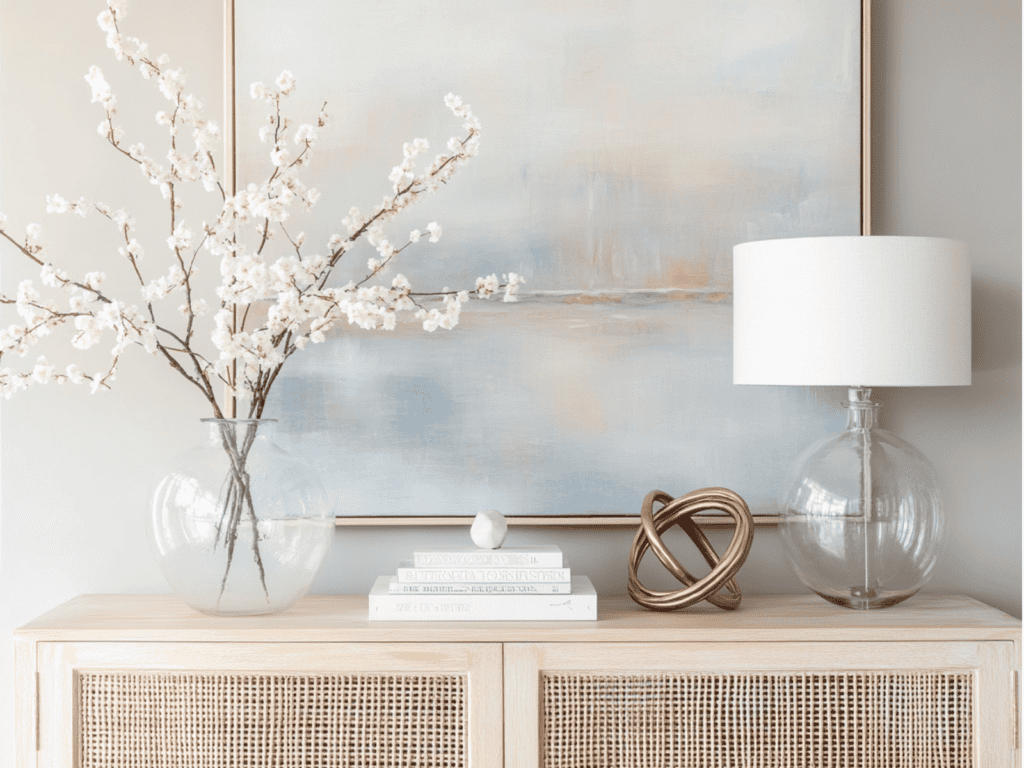 Entry table with a lamp, flowers, and a picture in the background