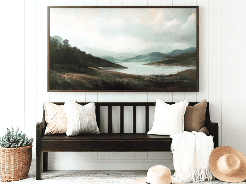 A dark brown bench in an entryway with pillows on it and a picture above it