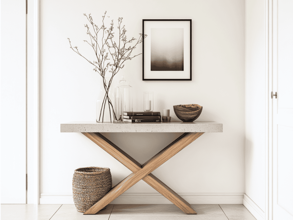 Entryway table with a bowl for keys and a basket on the floor.