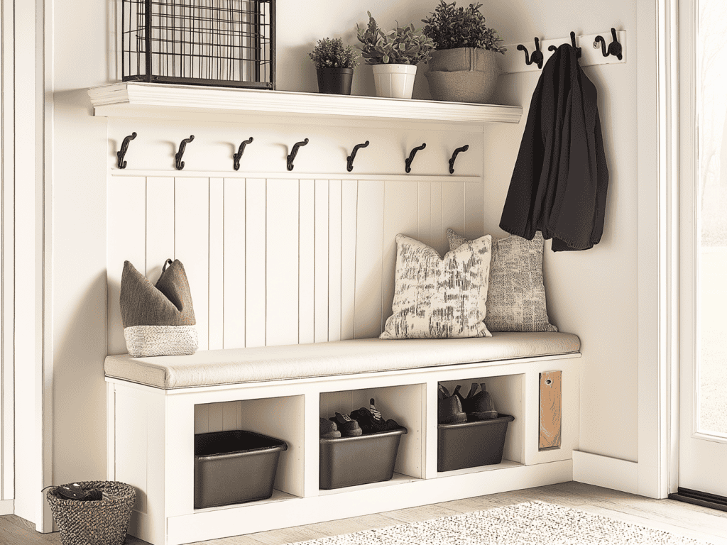 Entryway with a bench, coat hooks, shelves, pillows, and baskets.