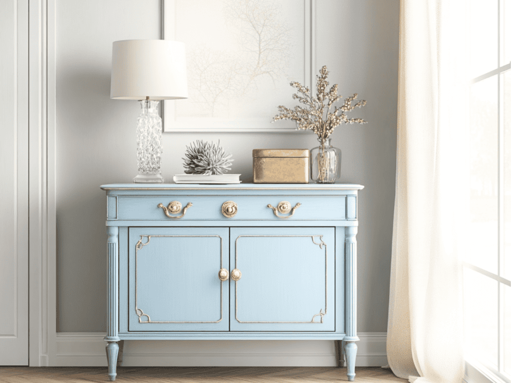 Light blue console table trimmed in gold with a lamp and decorative items on it.