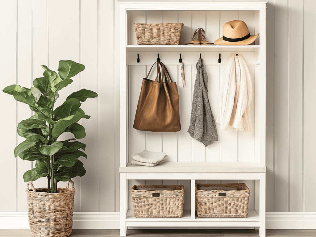 A white hall tree with coats on hooks and baskets on shelves