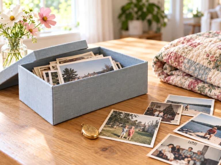 Family photographs, a blue keepsake box, and a gold locket beside a folded quilt and fresh flowers.