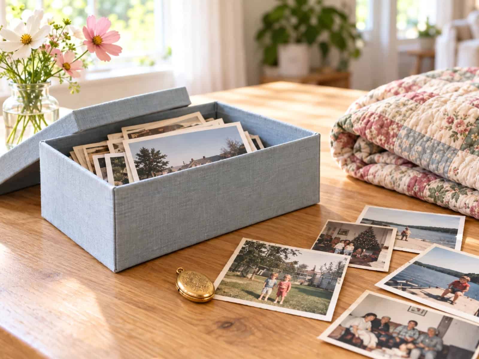 Family photographs, a blue keepsake box, and a gold locket beside a folded quilt and fresh flowers.